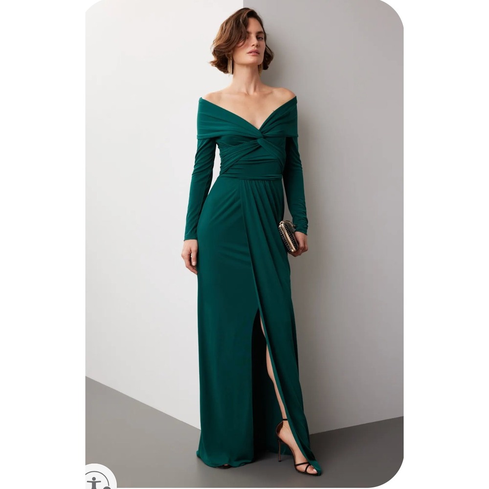 Zac Posen Maxi Wrapped Around Gown Green Jersey Dress Off Shoulder Sz 2